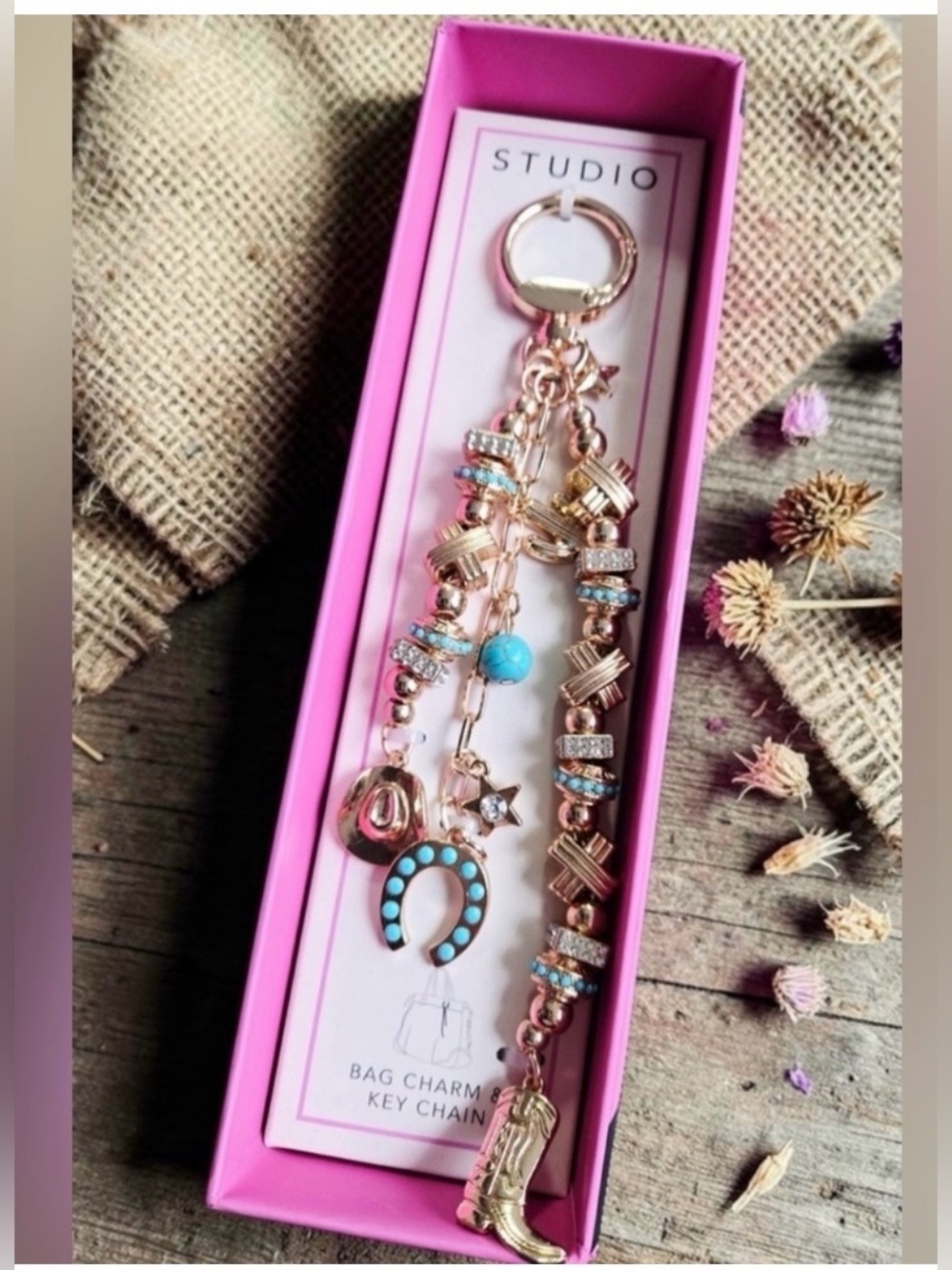 NEW Studio Hat, Horseshoe &
Boot Gold Bag Charm Key Holder 8
Inches NWT